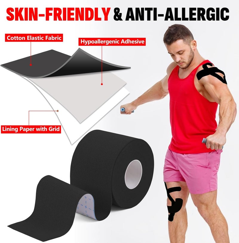 NUITPY 16 Rolls Kinesiology Tape, 2 inch x 16.4 Feet Waterproof Athletic Tape, Uncut Kinetic Tape, Elastic Muscle Tape, Sports Tape, Knee Tape for Exercise and Daily Use - Black - Image 3